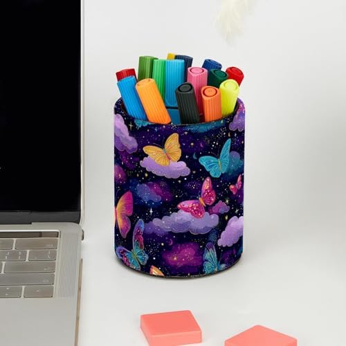 Faux Leather Pen Holder for Desk, Pencil Organizer Butterfly Pen Cup Desk Decor Makeup Brush Holder Storage for Office Home