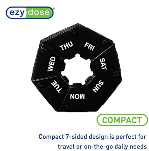 Ezy Dose Weekly (7-Day) Pill Organizer, 7-Sided Medicine Planner, Black | Compact Daily Round Vitamin & Supplement Medicine Case, Convenient and Easy to Use, Travel-Friendly Container, BPA-Free