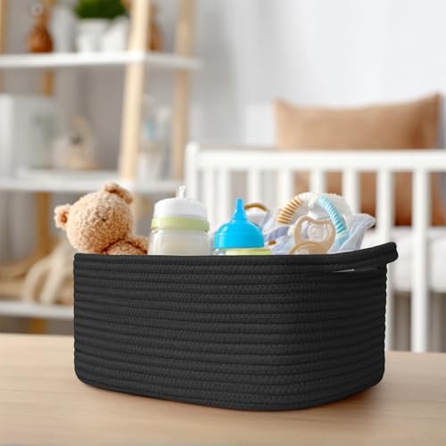 Black Basket for Gifts, Woven Gift Baskets Empty, Cotton Rope Storage Bin for Organizing, Cute Cat Dog Kids Toy Box, Decorative Baby Nursery Closet Organizer, Wicker Easter Basket with Handle