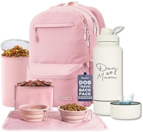 Rubyloo The Original Doggy Bag Backpack (Dusty Pink) & 32 oz Insulated Water Bottle with Attached 8 oz Bowl (Dog Mom) – Dog Travel Backpack & Hydration Set