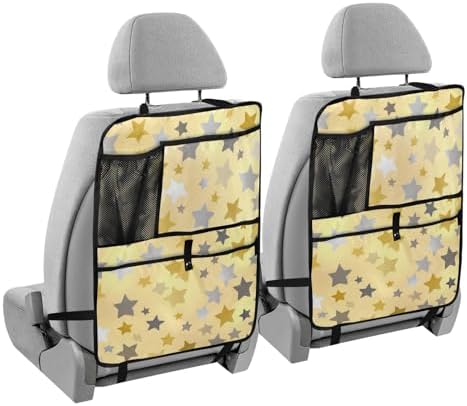 2 Pack Back Seat Car Organizer with Storage Pockets Kick Mats Back Seat Protector Hanging Car Organizer Automotive Seat Back Cover Organizers Cute Silver and Golden Stars