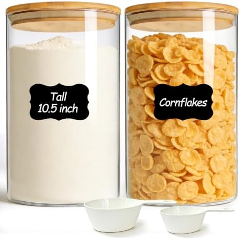 ComSaf Flour Sugar Storage Containers 4 Qt, 2 Pack Glass Flour Container | 26.6cm/10.5in Tall, Gallon Large Glass Storage Canisters, 15cm Extra Wide Mouth, Easy Clean and Scoop, 4.4lb Flour, BPA Free