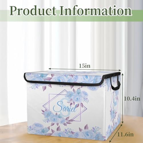 Blue Floral Storage Bin with Lid Personalized Storage Baskets for Organizing Foldable Closet Organizers with Handles,Cute Basket for Boys Girls for Clothes Blanket Pet Dog Toy Basket Storage (1 Pack)