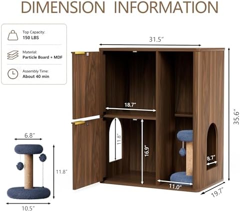 31.5 Inch Cat Litter Box Enclosure with Cat Tree Cabinet, Walnut | Hidden Litter Box Furniture with Dual Entry Doors, Storage Shelf, Sisal Scratching Post and Modern Side Table Design