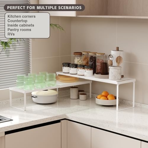 Magheo Expandable Cabinet Shelf Organizer, 2 Pack Stackable Kitchen Counter Shelf Riser, Metal Spice Rack Heavy Duty Countertop Organizer Storage for Kitchen, Pantry, Cupboard, Rv (5.9in Height,White)