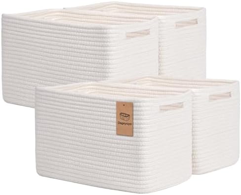 Storage Baskets for Organizing, 4 Pack Baskets for Shelves, Decorative Storage Bins for Shelves, Cotton Rope Storage Basket with Handles, Woven Basket for Storage, 13''Lx8.7''Wx7.9''H, White