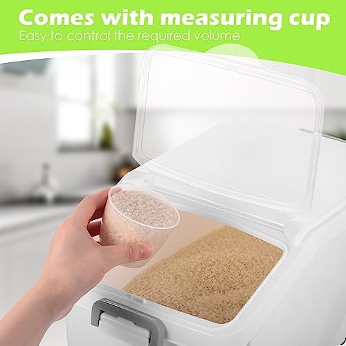 Sunnyray 4 Pcs Rice Storage Containers Bulk Flour Sugar Container Wheels Measuring Cups Set Airtight Pet Dog Cat Birds Food Bin Grain Cereal Organizer Box for Dry Baking(White,22 lb)