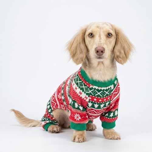 Fitwarm Dog Christmas Outfit, Holiday Pet Clothes for Small Dogs Boy Girl, Festive Pajamas with Feet, Puppy Onesie, Red, Green, Medium