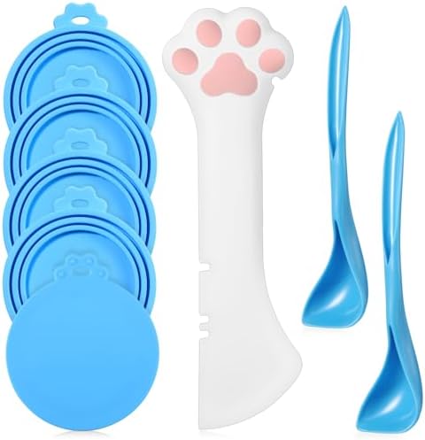 Uiifan 8 Pcs Cat Food Can Covers Lids Set, Silicone Pet Food Can Lids with Multi-Function Cat Foods Spoon and Opener, Silicone Wet Foods Spoon for Cats and Dogs(Blue)