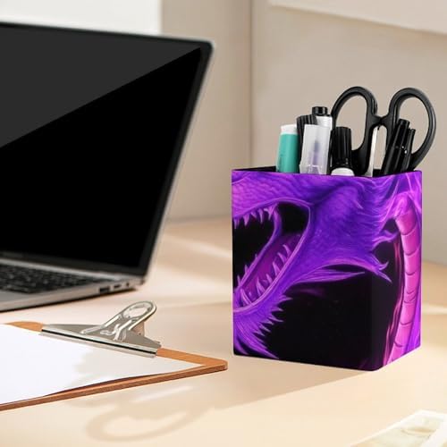 Women's Pen Cup Pencil Holder Makeup Brush Storage Purple Fire Dragon Leather Desk Organizer