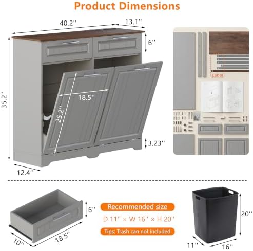 Double 10 Gallon Tilt Out Trash Can Cabinet with Deodorizing Function, Wooden Hidden Garbage Can Holder with Storage Drawers for Kitchen and Dining Room, Laundry Hamper Cabinet for Bathroom, Grey
