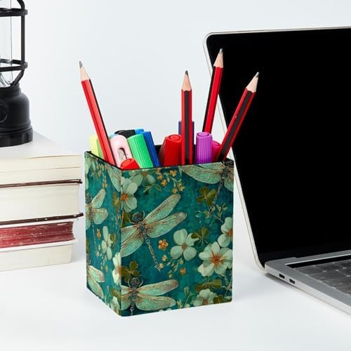 Dragonfly Pen Holder for Desk Decor, Rectangular PVC Leather Pencil Cup for Desk Pen Organizer, Makeup Brush Holder for School, Home, Office