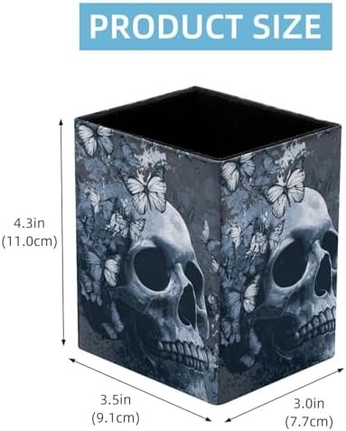 Skull and Butterfly Pen Holder for Desk Decor, Rectangular PVC Leather Pencil Cup for Desk Pen Organizer, Makeup Brush Holder for School, Home, Office