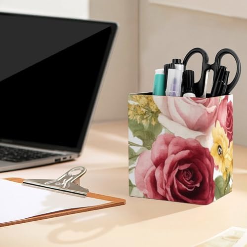 Women's Pen Cup Pencil Holder Makeup Brush Storage Flower Shabby Chic Roses Buds Leaves Tulips Floral Butterfly Leather Desk Organizer