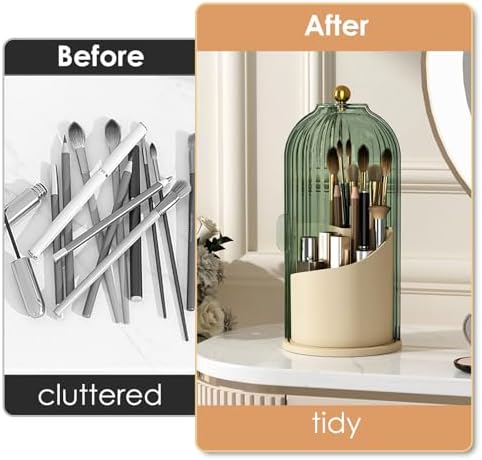 YOOLENS Makeup Brush Holder with Lid 360 Rotating Clear Dustproof Make Up Organizers for Vanity Bathroom Countertop, Green Beige