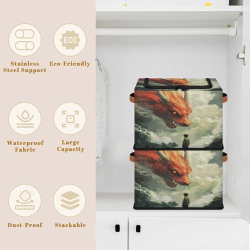 Animal Dragon Storage Bins with Zipper Lid Foldable Fabric Organizer Box with Handles Rectangular Closet Clothes Organizer Containers