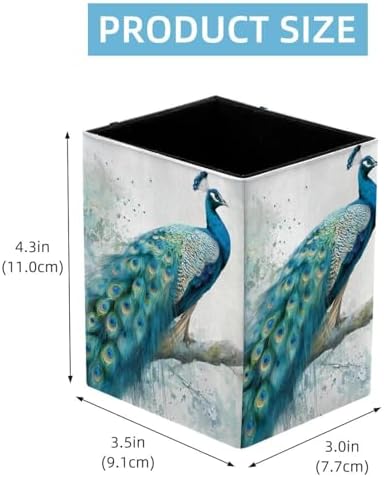 Peacock Pen Holder for Desk Decor, Rectangular PVC Leather Pencil Cup for Desk Pen Organizer, Makeup Brush Holder for School, Home, Office