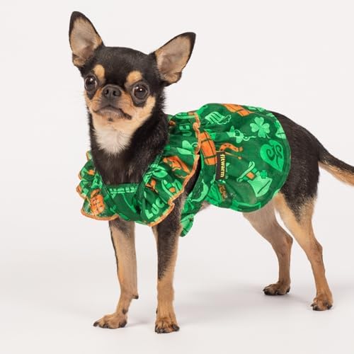 Fitwarm St Patricks Day Ruffle Dog Dress, Lucky Dog Clothes for Small Dogs Girl, Funny Pet Outfit, Green, Orange, Medium