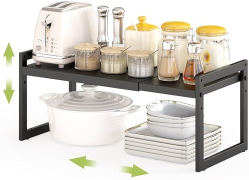 DOLALIKE Expandable kitchen Countertop Organizer, Stackable Cabinet Shelf Organizers, Space Saving Spice Rack Pantry Storage for Bathroom Office (Black, 1 Pack) | Space Saving Metal Pantry Storage Racks for Kitchen Spice Rack Pans and Untensils Bathroo...