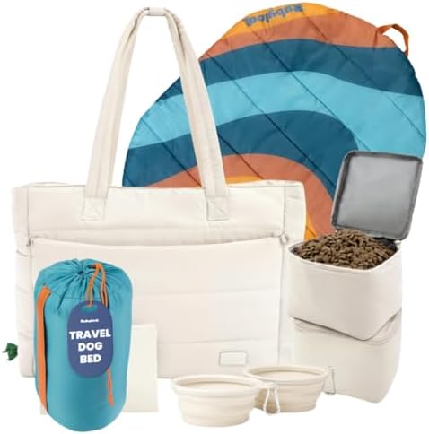 Rubyloo Dog Mom Bundle - Puffer Tote with Storage Containers (Beige) and Travel Dog Bed Large (42”x30”) (Sunset Surf Teal) - Travel Bag and Portable Outdoor Bed Set