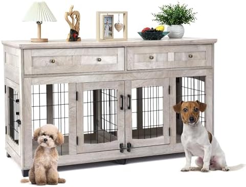 Large Dog Crate Furniture 58" with 2 Drawers & Divider | Heavy-Duty Wood Frame; Detachable Divider; Fits Two Dogs; Sturdy & Chew-Resistant; Easy Assembly; For Living Room Or Bedroom