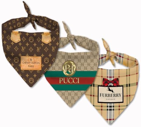 Dog Bandana Designer Fashion Clothes Scarf kercheif for Small Dogs. Funny Parody Gift for Girl or boy Dog Soft Durable Fabric, Chewy Vuiton, Pucci, and Furry Plaid - (3 Pack)