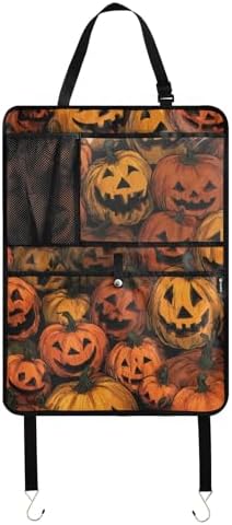 1 Pack Back Seat Car Organizer with Storage Pockets Kick Mats Back Seat Protector Hanging Car Organizer Automotive Seat Back Cover Organizers Cartoon Orange Halloween Pumpkin Lanterns