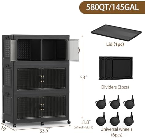 SAILUN 579Qt Stackable Storage Bins,Storage Cabinet with a Lid,3 Pack Black
