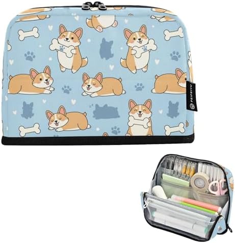 Emelivor Cute Pets Dogs Blue Print Large Capacity Pencil Case Stand Up Pencil Pouch for School Office Supplies Pen Organizer Bag with Pockets Portable Stationery Bag for Teens Adults Kids