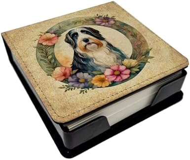 Caroline's Treasures Bearded Collie and Flowers PU Leather Note Paper Holder with Artist-Designed Cover, Desk Accessory, Office Gift