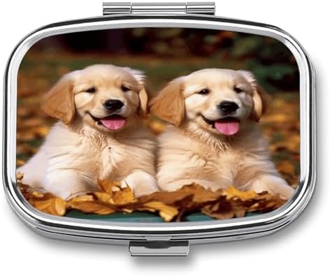 Golden Retriever Dogs Puppies Pets Pill Case Daily Square Small Medicine Case Vitamin Organizer Box 2 Compartments Portable Metal Travel Medicine Box for Vitamins Fish Oils Supplements