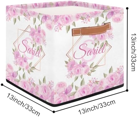 Personalized Storage Baskets for Organizing, Foldable Storage Bins with Handles Custom Cute Basket for Boys, Girls, Pet, Clothes, Blanket, Bedroom Nursery Toy Storage Gift,13 x13 x13 Inch, Flower Pink