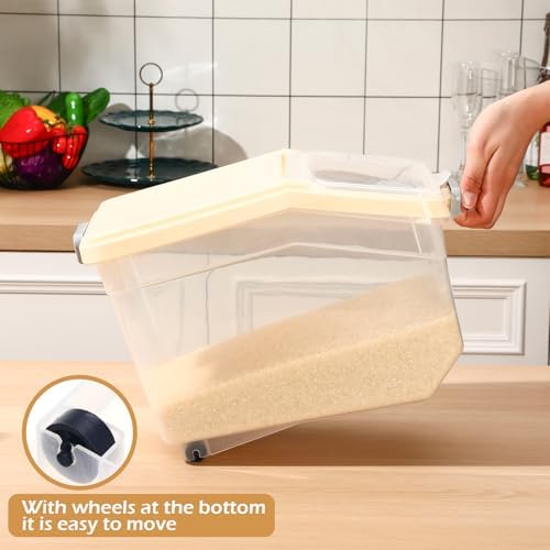 Sunnyray 4 Pcs Rice Storage Containers Bulk Flour Sugar Container Wheels Measuring Cups Set Airtight Pet Dog Cat Birds Food Bin Grain Cereal Organizer Box for Dry Baking(Beige,28 lb)
