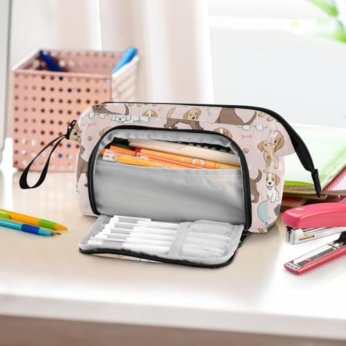 Emelivor Cute Pets Dogs Pink Print Pencil Case Large Capacity Pencil Pouch Bag with Compartmens Pen Organizer Portable Stationery Bag for School Office Men Women Adults