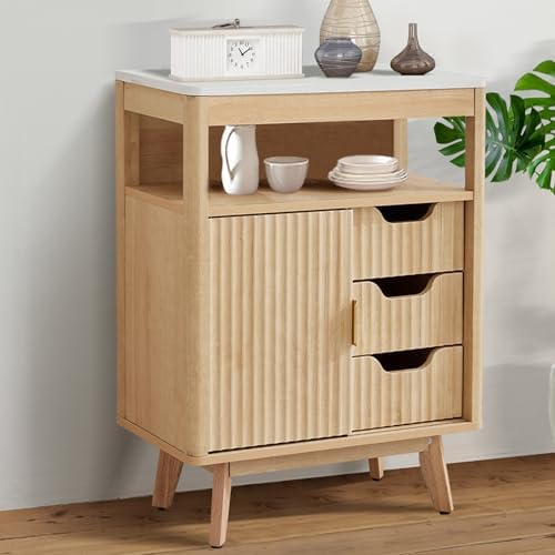 Grepatio Bathroom Floor Cabinet, Fluted Storage Cabinet with Sliding Door & 3 Drawers, Freestanding Cabinets Organizer Storage w/Adjustable Shelf, Faux Marble Top for Bathroom, Kitchen (Natural)