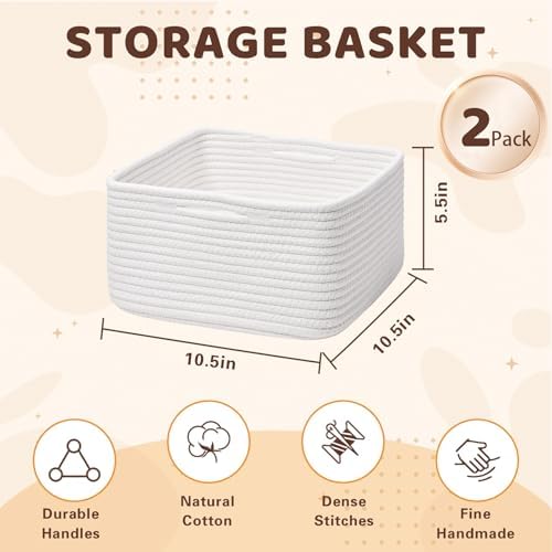 Storage Baskets for Shelves, 2 Pack Shallow Basket
