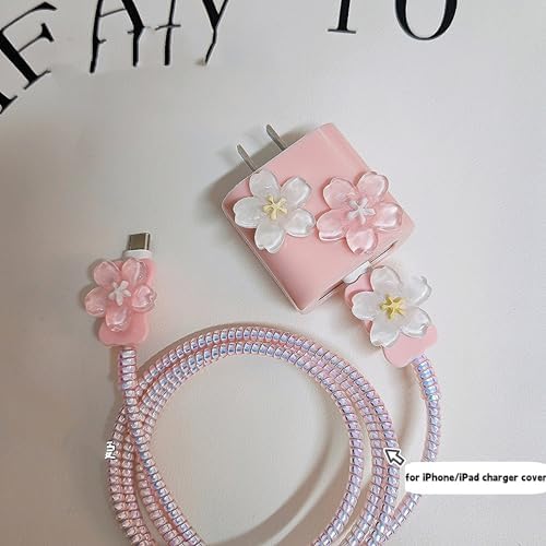 Flower Cable Protector for iPhone Charger Protector Cute 3D Cherry Blossoms Design,Floral iPad Charger Cover,Charger Cord Protector for Women Girl,DIY Phone Cord Protector for iPhone 15 16 17 Pro Max