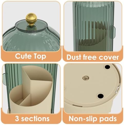 YOOLENS Makeup Brush Holder with Lid 360 Rotating Clear Dustproof Make Up Organizers for Vanity Bathroom Countertop, Green Beige