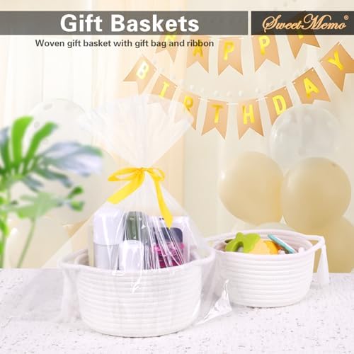 Small Gift Basket Empty to Fill, 2 Pack, Mini Woven Basket White | Cute Decorative Mini Rope Storage Baskets with Cellophane Bags & Ribbons; Two Sizes for Gifting, Bathroom Counter or Desk