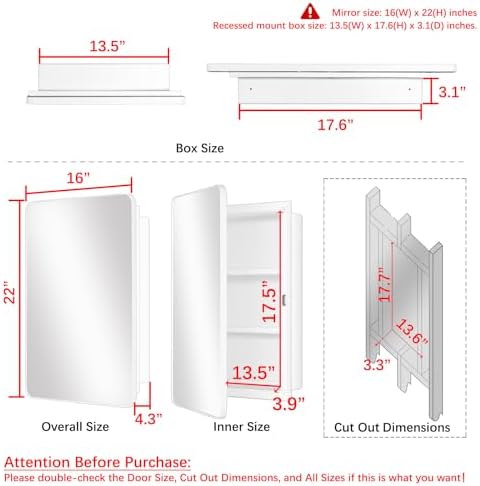 White 16x22 Medicine Cabinet, Bathroom Mirror with Adjustable Storage Shelf | White Bathroom Wall Cabinet with 2 Adjustable Plastic Shelves, Reversible Door; Pre-Assembled for Recessed/Surface Mounting