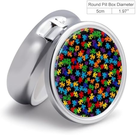 Round Pill Box with Mirror Colorful Puzzle Pieces Autism Awareness 3 Compartment, Decorative Metal Pill Case for Purse Travel Unique