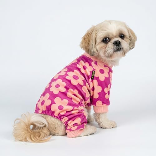 Fitwarm Flower Fleece Dog Pajamas, Warm Winter Dog Clothes for Small Dogs Girl, Cozy Pet Onesie with Feet, Pink, Large