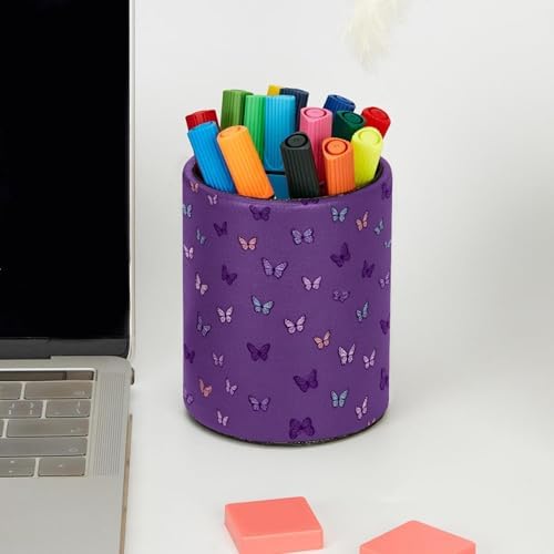 Faux Leather Pen Holder for Desk, Pencil Organizer Butterfly Pen Cup Desk Decor Makeup Brush Holder Storage for Office Home