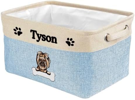 Personalized Fabric Dog Toy Storage Basket with Lovely Dog Yorkie Collapsible Sturdy Fabric Bone Pet Toys Storage Bin Cube with Handles for Organizing, Blue and White