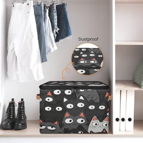 Black Cat Print Storage Box with Zipper Lid | Collapsible, Fabric, Storage Bin, Handle, Large, Closet Organizer, Containers, Bedroom, Home, Cat Faces