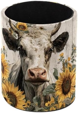 Faux Leather Pen Holder for Desk, Pencil Organizer Sunflower and Cow Pen Cup Desk Decor Makeup Brush Holder Storage for Office Home