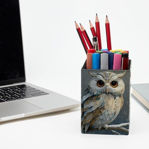 Cute Owl Pen Holder for Desk Decor, Rectangular PVC Leather Pencil Cup for Desk Pen Organizer, Makeup Brush Holder for School, Home, Office
