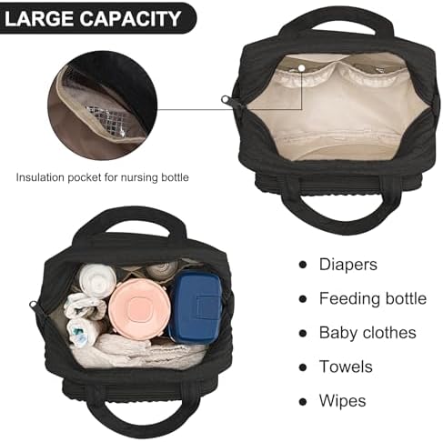 Lushandy Baby Diaper Bag Tote, Mom Bag Crossbody Diaper Bags Baby Travel Bags for Girl Pañaleras Para Bebe (Black, Small)
