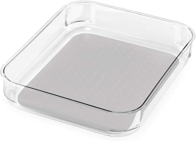 madesmart Clear 9 x 8 Storage Bin, Grey | non slip feet, rounded corners, see through design, open compartment, soft grip lining, utensils tools supplies, woman owned