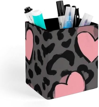 Fashion Leather Pen Holder Desktop Stationery Organizer Makeup Brush Cup Love Heart Dark Gray Black Leopard Cheetah Print
